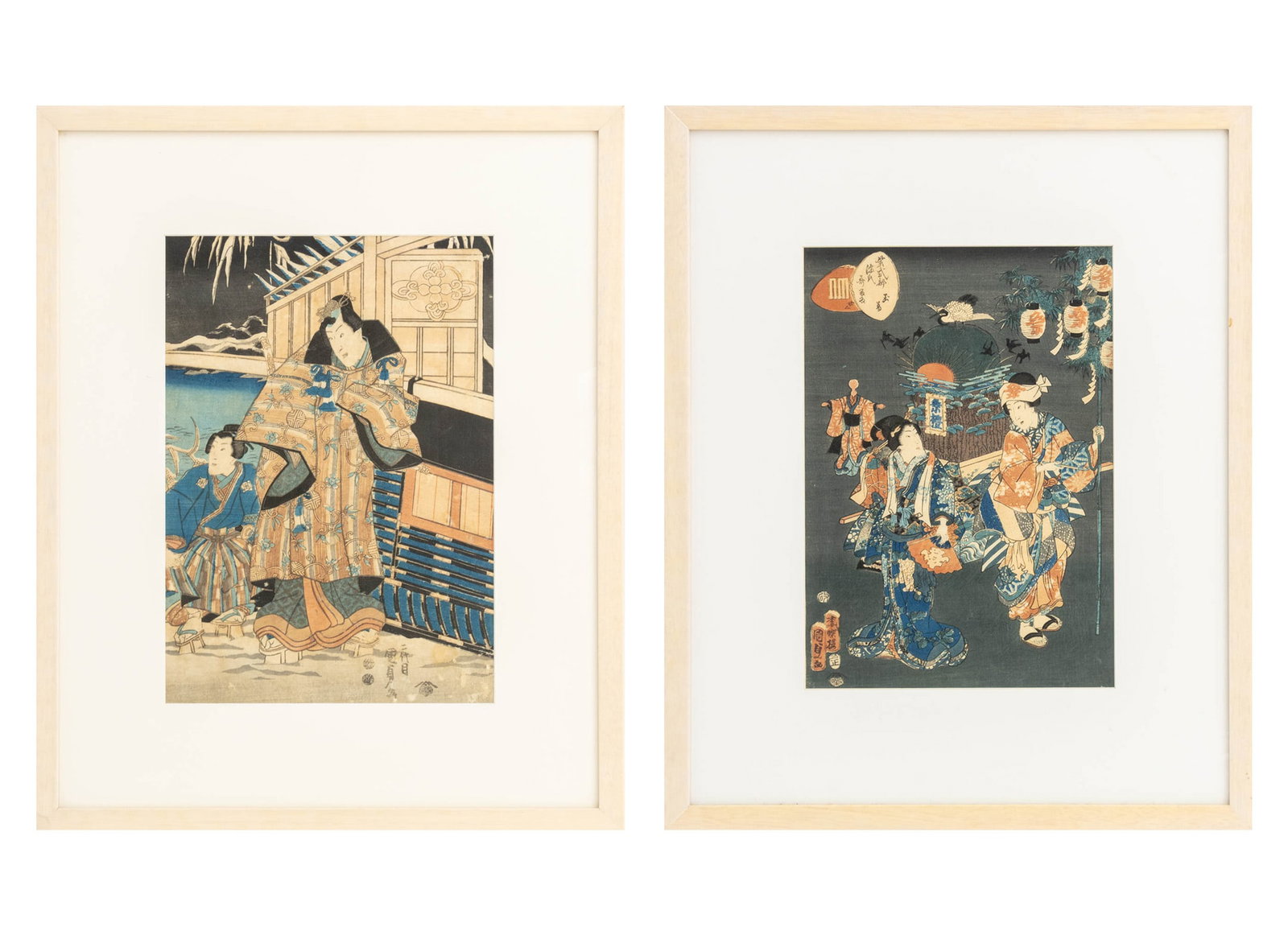 Utagawa Kunisada II Ukiyo-e Woodblock Prints, 2: Utagawa Kunisada II (Kunimasa III, Japanese, 1823-1880), Group of Two Figural Scene, Woodblock Prints in Colors on Paper, comprising: final panel of triptych "Twilight Snow at Mount Hira", circa 1850,