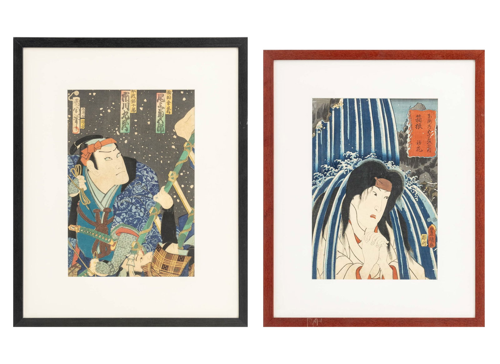 Utagawa Kunisada Kabuki Actor Woodblock Prints, 2: Utagawa Kunisada (Toyokuni III, Japanese, 1786-1865), Group of Two Kabuki Actor Scenes, Woodblock Prints in Colors on Paper, comprising: "Hakone: The Actor Iwai Hanshiro VI as Hatsuhana", from the "Fi