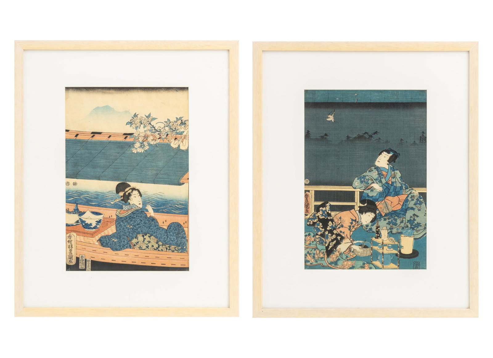 Utagawa Kunisada Bijin-ga Woodblock Prints, 2: Utagawa Kunisada (Toyokuni III, Japanese, 1786-1865), Group of Two Bijin-ga Scenes, Woodblock Prints in Colors on Paper, comprising: depiction of a lady in a boat, the other the first panel from the t