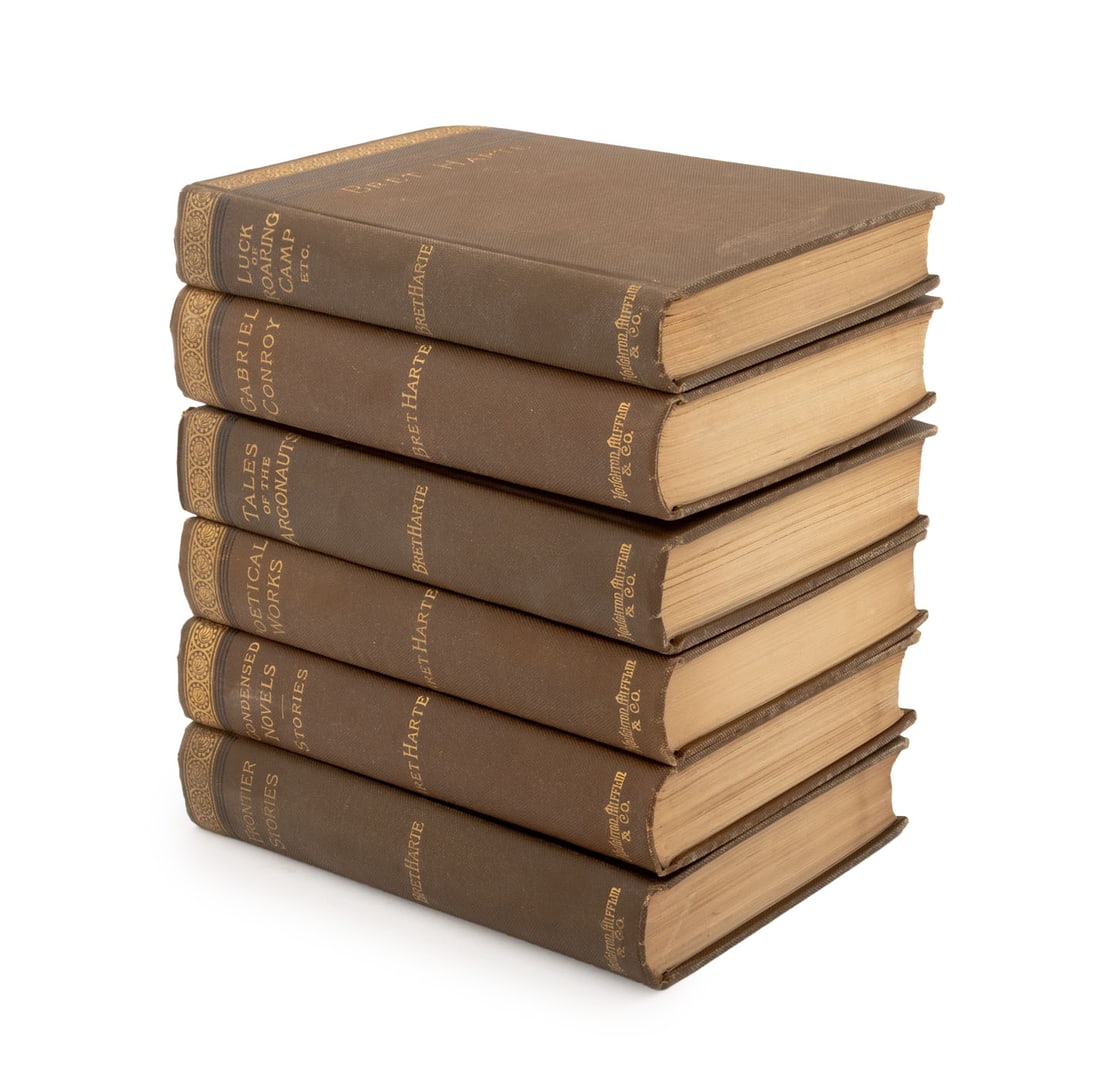 Bret Harte Book Set, 6: Collection of Six Brett Harte Books, Boston: The Riverside Press, 1899: "Frontier Stories", "Condensed Novels and Stories", "The Poetical Works of Bret Harte", "Tales of the Argonauts and Eastern Sket