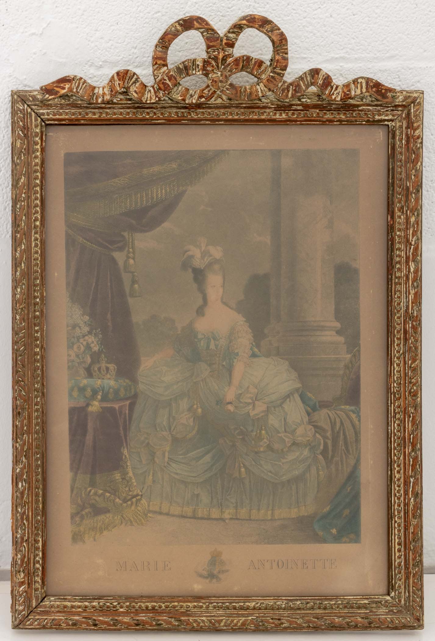 "Marie Antoinette" Hand-Colored Etching: After Barthelemy Joseph Fulcran Roger (French, 1770-1841), "Marie Antoinette", Hand-Colored Etching, 19th century, carved wood frame. Image: 19" L x 13.75" W; frame: 24.25" L x 16.75" W x 0.75" D. Pro