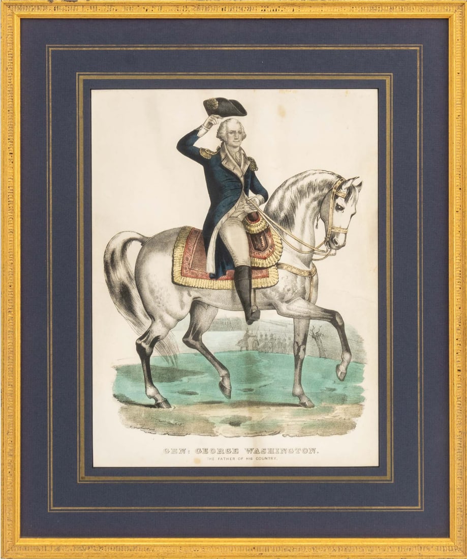 Nathaniel Currier "Gen. George Washington": Nathaniel Currier (American, 1813-1888), "Gen. George Washington. The Father of His Country", Hand-Colored Lithograph, circa 1850, giltwood frame. Image: 12.25" H x 9.25" W; frame: 18.25" H x 15.25" W