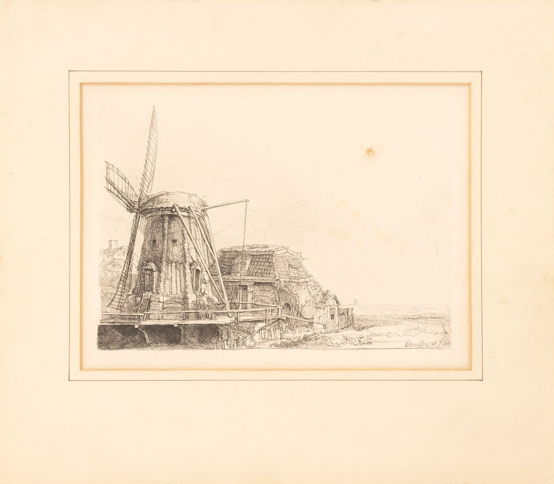 After Rembrandt van Rijn "The Windmill" Etching: After Rembrandt van Rijn (Dutch, 1606-1669), "The Windmill", Etching, 19th century, signed and dated in print, unframed. Image: 5.5" L; mat: 11.25" L x 12.75" W. Provenance: From the Estate of Joseph 