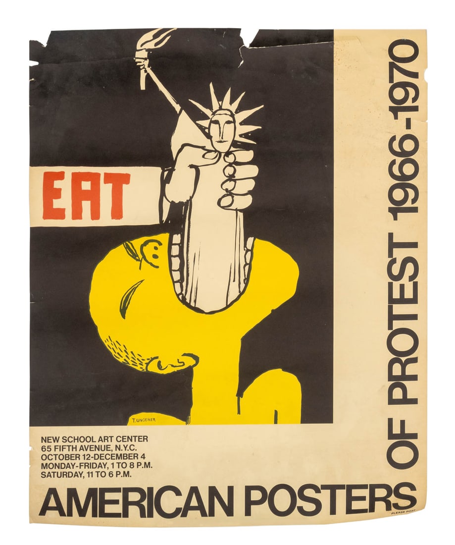 Tomi Ungerer "American Posters of Protest 1966-70": Tomi Ungerer (French, 1931-2019), " American Posters of Protest 1966-1970", Poster in Colors, unframed. 19.5" L x 15.75" W. Provenance: From a New York City Collection. Keywords: Prints, Multiples, Vi