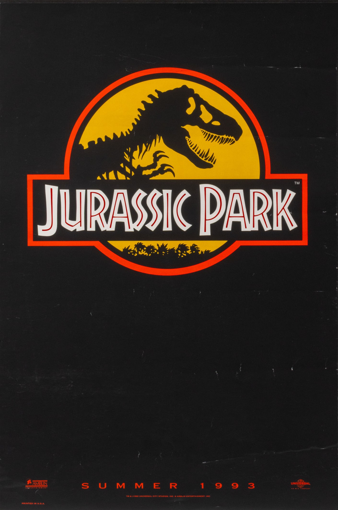 "Jurassic Park" Movie Poster, Summer 1993: "Jurassic Park" Movie, Poster in Colors, Summer 1993, unframed. 16.5" L x 11" W. Provenance: From a New York City Collection. Keywords: Dinosaurs, Prints, Multiples, Film Poster, Cinema, Michael Crich