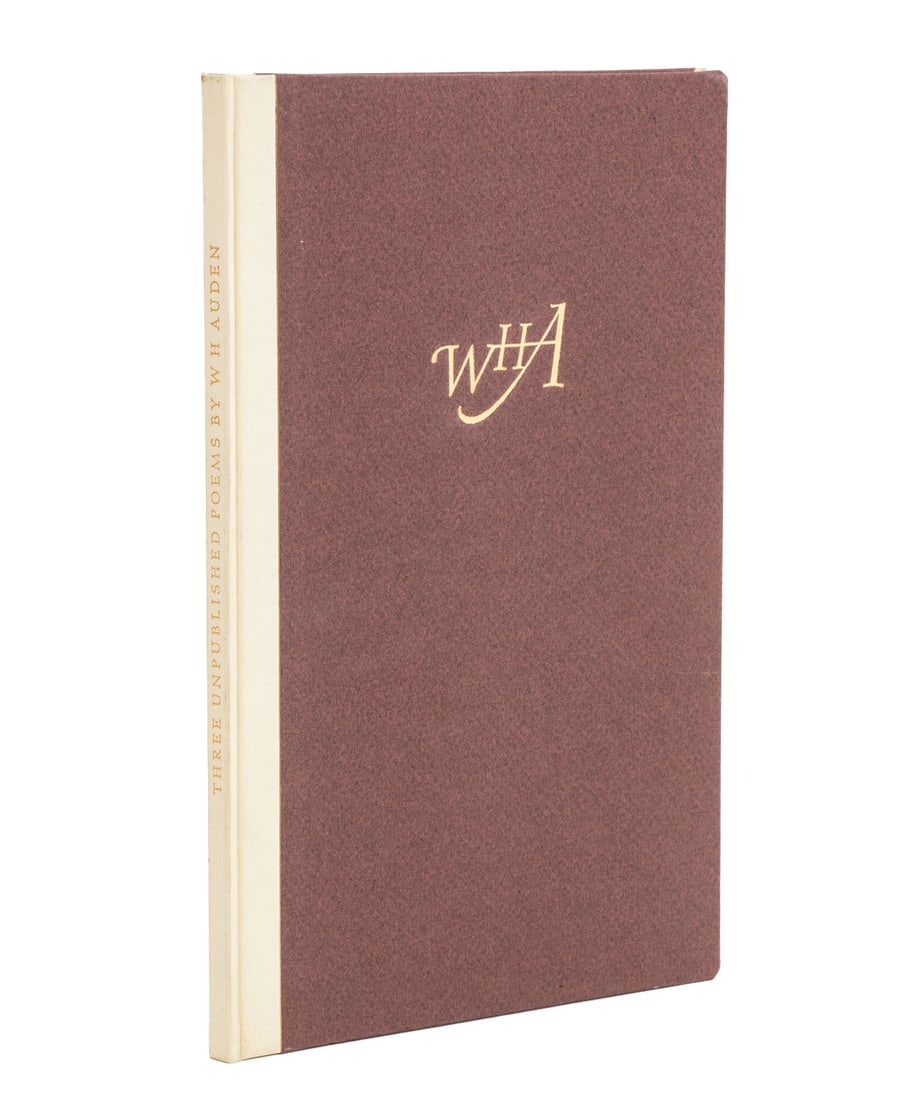 W.H. Auden "3 Unpublished Poems" Sample Binding: Auden, W. H., "Three Unpublished Poems", New York: New York Public Library, 1986, inscribed on colophon "This is the binder's dummy made from defective sheets as a sample binding. February 87. Not par