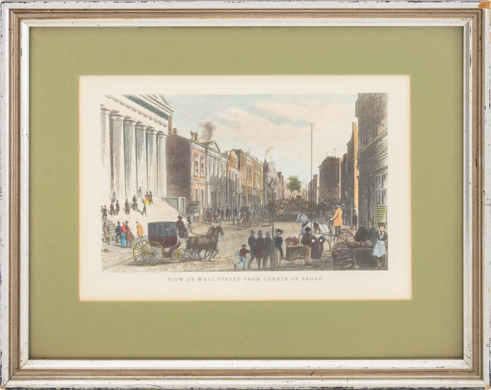 John A. Rolph "View of Wall Street ..." Etching: John A. Rolph (British,1799-1862), "View of Wall Street From the Corner of Broad", Hand-Colored Etching, circa 1846, silver-tone frame. Image: 6.75" L x 10" W; Frame: 11.5" L x 14.5" W x 0.75" D. Prov