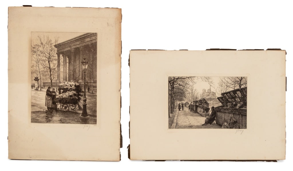 Antoine Yvon Monay Paris Engravings, 2: Antoine Yvon Monay (French, 1922-1954), Two Engravings, comprising: "Les Bouquinistes" [The Book Dealers], signed in pencil lower right and flower seller, signed in pencil lower right and numbered "no