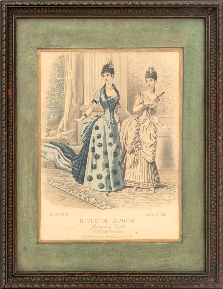 "Revue de la Mode" Hand-Colored Engraving, 1886: "Revue de la Mode", Hand-Colored Engraving, Vol XIV, No. 10, 1886, wood frame. Image: 11.5 H x 8.5" W; frame: 17.5" H x 13.5" W. Provenance: From a New York City Private Collection. Keywords: Prints,