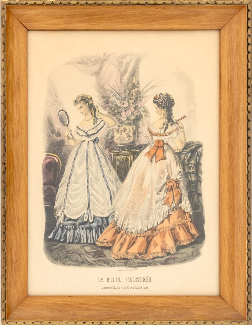 Heloise Lelor "Le Mode Illustre" Engraving, 1870: Helois Lelor (French, 1819-1873), "Le Mode Illustre", Hand-Colored Etching, circa 1870, wood frame with painted details. Image: 14.5" H x 10.5" W; frame: 17.5" H x 13.5" W. Provenance: The Estate of A