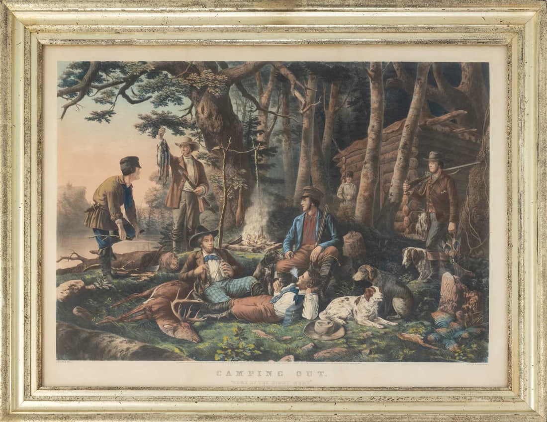 Nathaniel Currier "Camping Out" Lithograph: Nathaniel Currier (American, 1813-1888), "Camping Out. Some of the Right Sort", Hand-Colored Lithograph, giltwood frame. Image: 21.75" H x 29.25" W; frame: 26.75" H x 34.25" W. Provenance: The Estate 