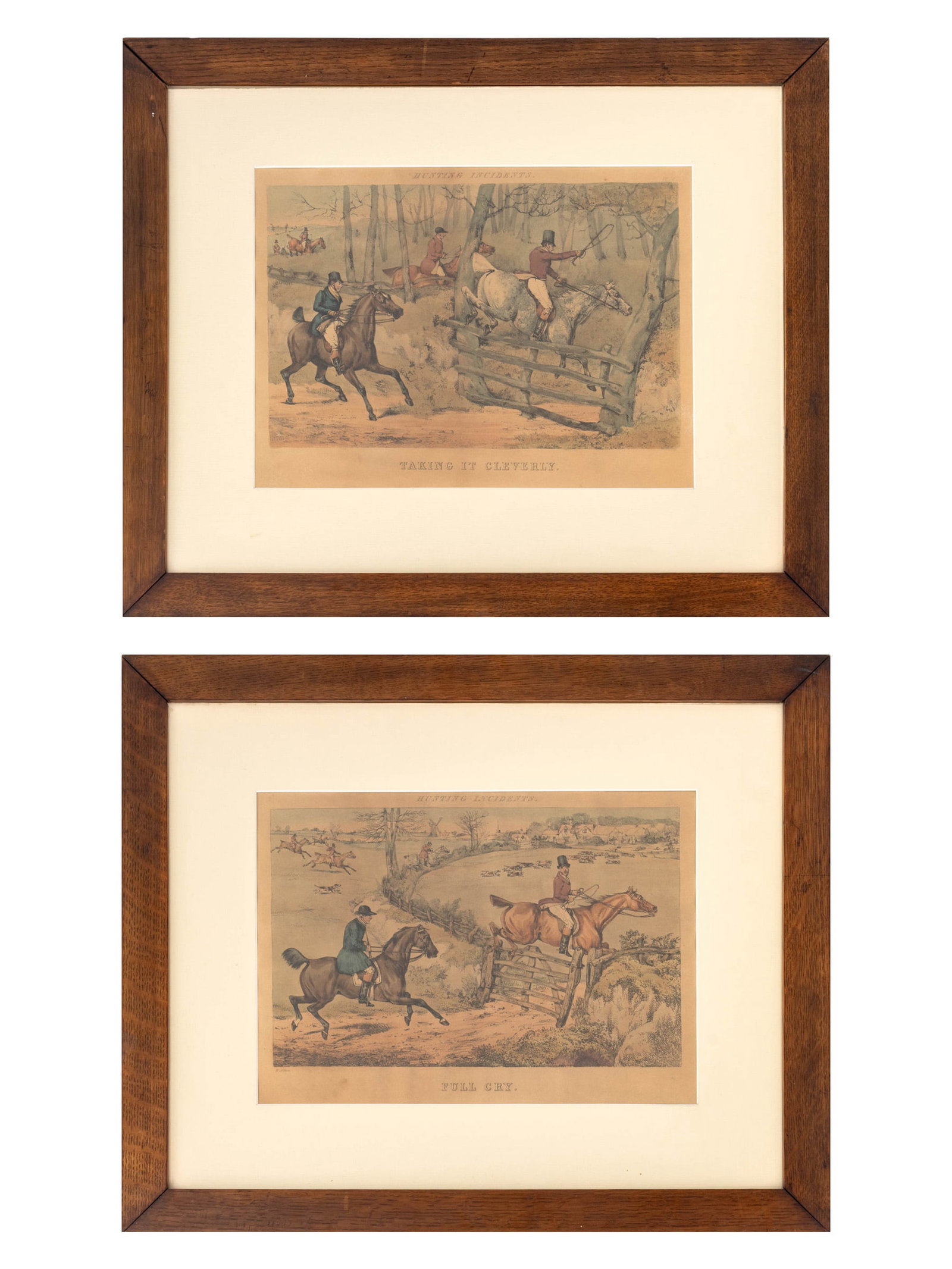 Henry Thomas Alken "Hunting Incidents", 2: Henry Thomas Alken (British, 1785-1851), Two Scenese from "Hunting Incidents", Hand-Colored Etchings, comprising: plate 3 "Full Cry" and plate 4 "Taking it Cleverly", wood frames. Each image: 10" H x 