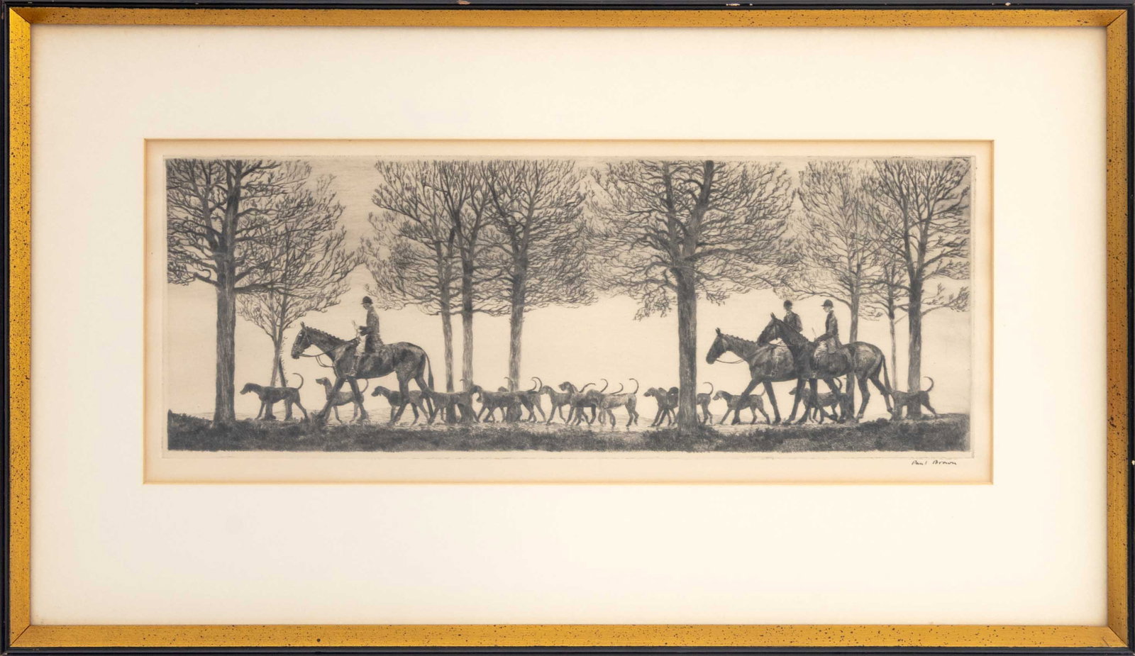 Paul Brown Fox Hunting Scene Etching: Paul Desmond Brown (American, 1893-1958), Fox Hunting Scene, Etching, signed lower right, ebonized and giltwood frame. Image: 5.75" H x 15.75" W; frame: 13" H x 22.25" W x 1" D. Provenance: The Estate