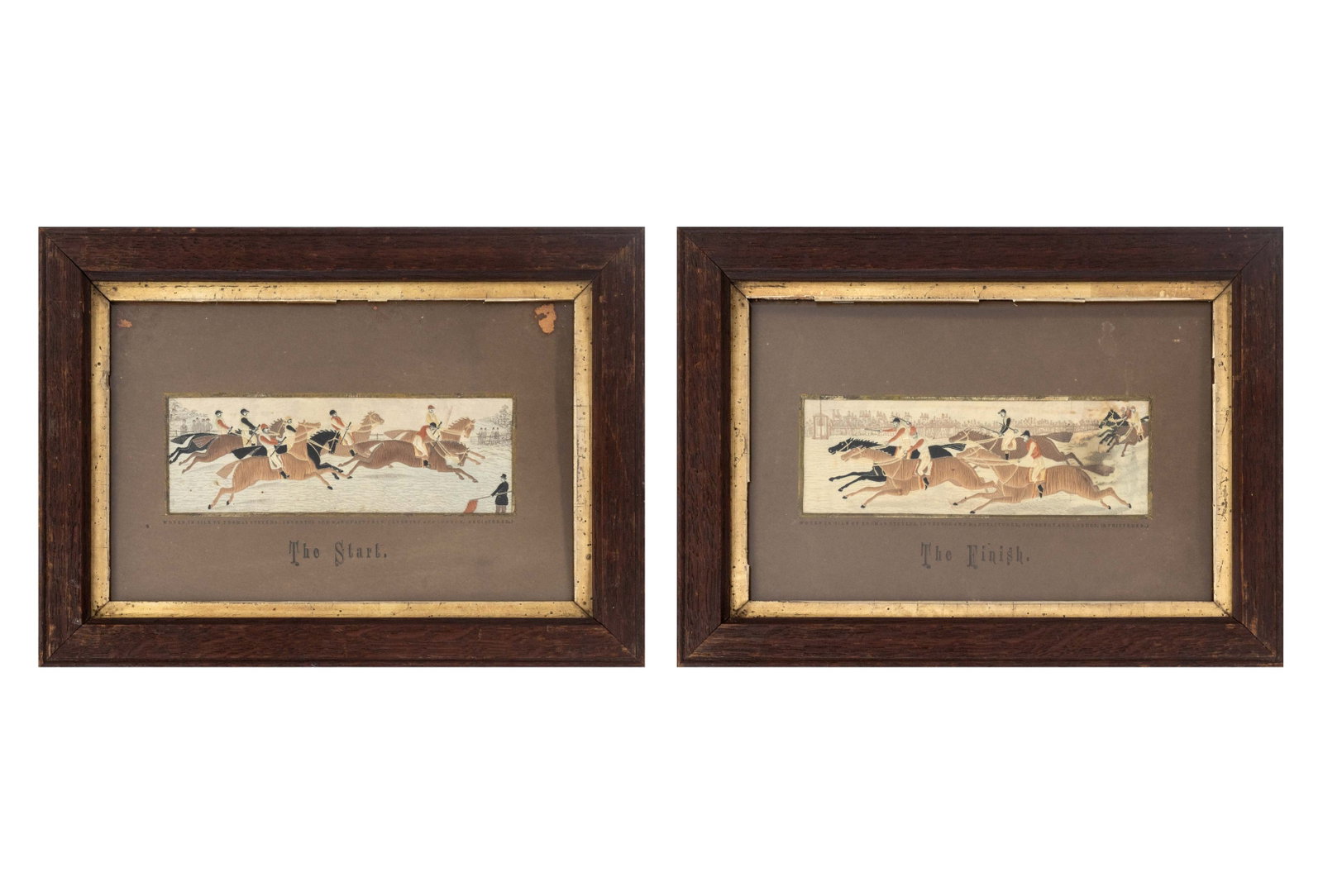 Thomas Stevens Horse Race Silk Embroidery, Pair: Thomas Stevens (English, 1828-1888) Pair of Horse Race Silk Embroideries, "The Start" and "The Finish", each marked "Woven in silk by Thomas Stevens, Inventor and Manufacturer, Coventry and London, Re