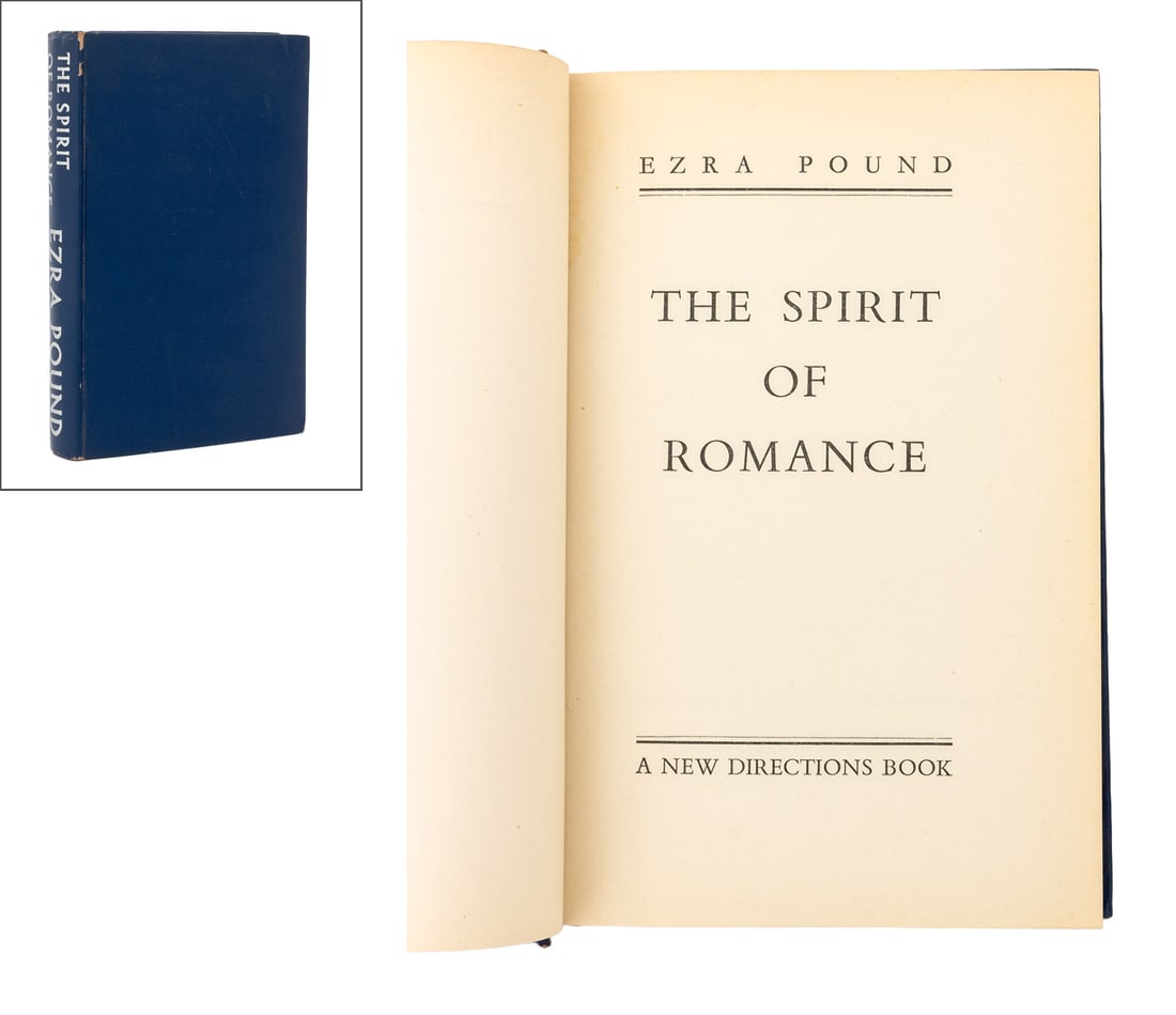 Ezra Pound Signed "The Spirit of Romance": Pound, Ezra, "The Spirit of Romance", New York: New Directions Books, n.d., signed and inscribed by author on flyleaf. 8.5" L x 5.5" W x 1" D. Provenance: From a New York City Collection. Keywords: Bo