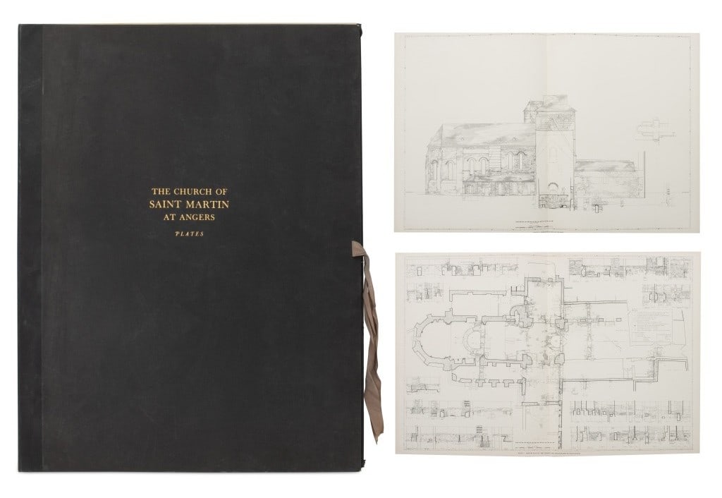 The Church of Saint Martin at Angers Plates, 16: Sixteen Architectural Plates of The Church of Saint Martin at Angers, monographs, six single sheet plates and five double, in original folio. Larger: 24.75" H x 37.5" W. Provenance: From a New York Ci