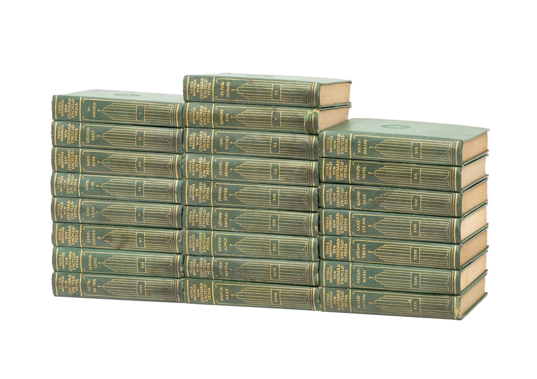 Funk & Wagnalls New Standard Encyclopedias, 24: Collection of 24 Funk & Wagnalls New Standard Encyclopedias, New York and London: Funk & Wagnalls, 1931, comprising: volumes I-XIV, XVI-XXV. Each approx.: 6.25" L x 4.25" W x 1" D. Provenance: From a 