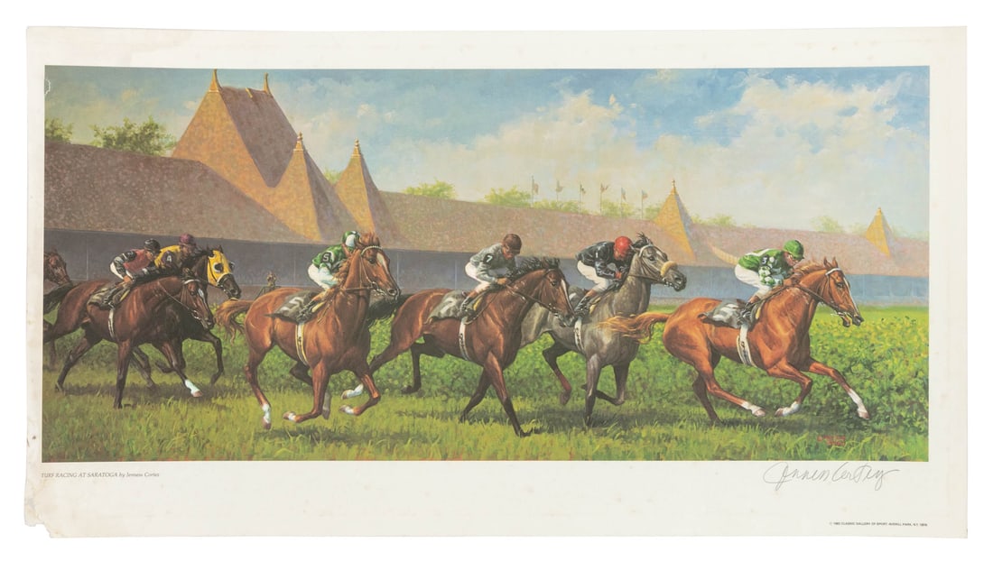 Jenness Cortez "Turf Racing at Saratoga" Poster: Jenness Cortez (American, b. 1944), "Turf Racing at Saratoga", Poster in colors, 1983, signed lower right, unframed. 13.5" L x 24.75" W. Provenance: From a New York City Collection. Keywords: Prints, 