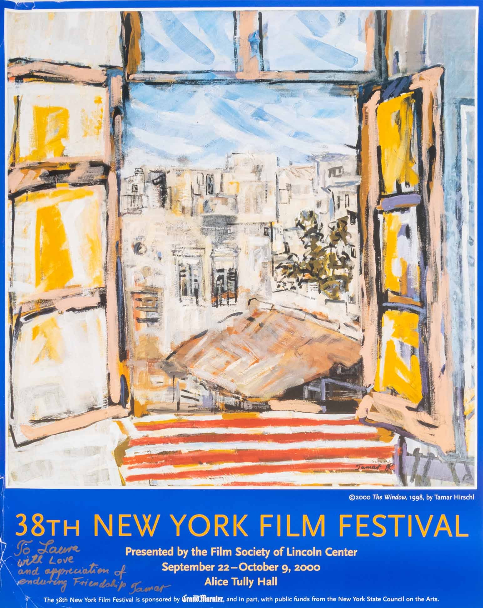 Tamar Hirschl Signed "38th New York Film Festival": Tamar Hirschl (Croatian-American, XX-XXI), "38th New York Film Festival", Poster in Colors, 2000, signed and inscribed to Laura from Tamar, unframed. 30" L x 24" W. Provenance: From the Collection of 