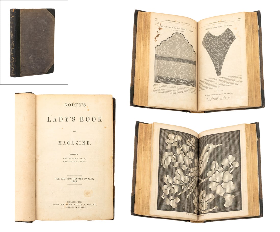 "Godey's Lady's Book and Magazine", Vol. LII: Ed.: Hale, Sarah J. and Louis A. Godey, "Godey's Lady's Book and Magazine Vol. LII From January to June 1856", Philadelphia: Louis A. Godey, 1856. 9.5" L x 6.5" W x 1.5" D. Provenance: From a New York