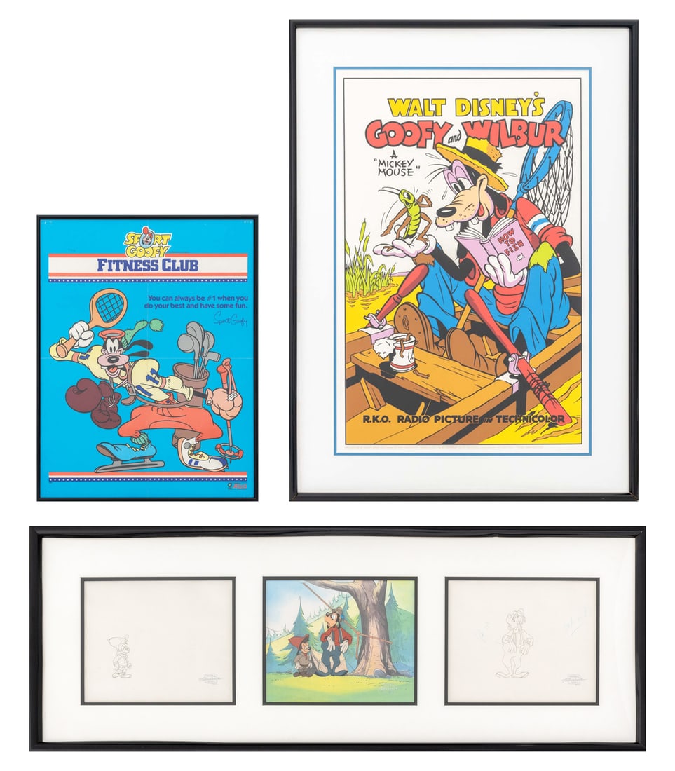 Goofy Illustration and Ephemera, 3: Group of Three Goofy Illustrations and Ephemera, comprising: "Goof Troop", Cel and Character Pencil Drawings on paper, Certificate of Authencity, framed together, "Walt Disney's Goofy and Wilbur", Ser