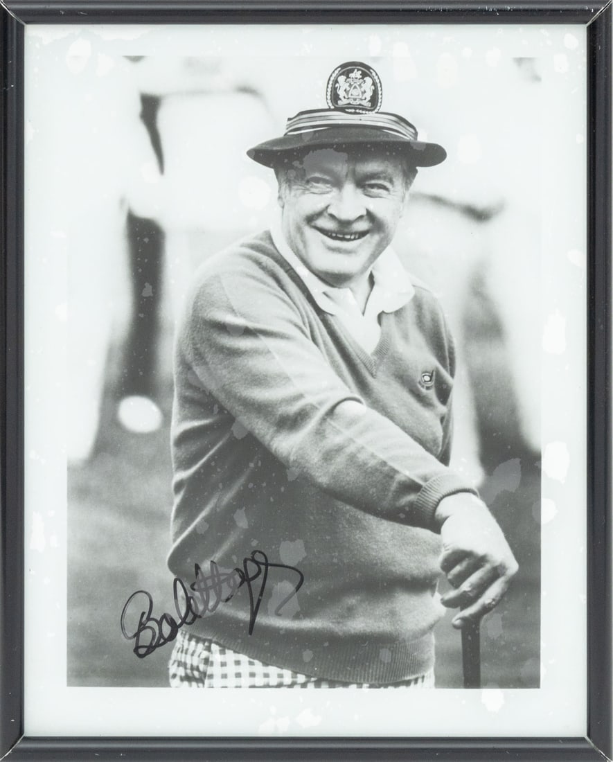Bob Hope Signed Photograph: Signed Bob Hope Photograph, with letter from Kathryn Zubrugg to Emery Davis signed photograph for auction, metal frame. Image: 10" L x 8" W, frame: 10.25" L x 8.25" W x 0.75" D. Provenance: From a Wes