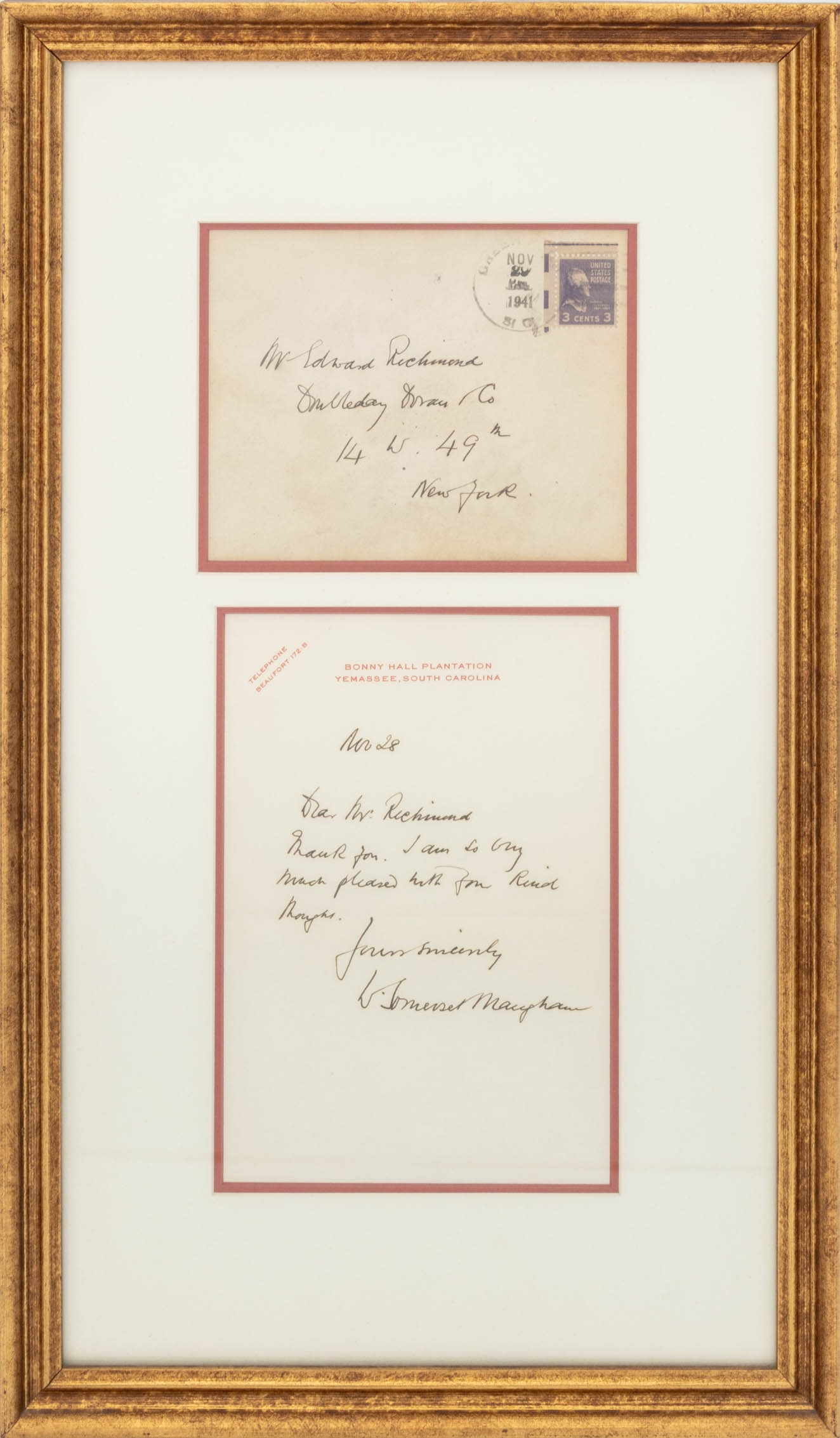 Signed W. Somerset Maugham Written Letter, 1941: Signed William Somerset Maugham Written Letter and Envelope, dated 28 March 1941, with "Bonny Hall Planation / Yemassee, South Carolina" letter head, addressed to Mr. Edward Richmond, together in gilt