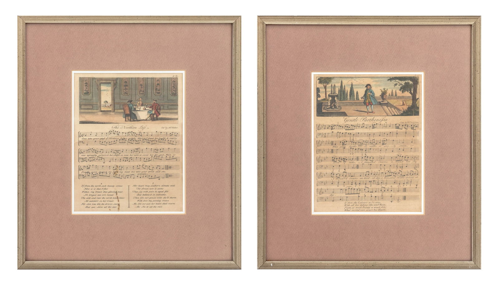 Sheet Music Hand-Colored Engravings, 2: Collection of Two Sheet Music Hand-Colored Engravings, circa 1750, comprising: "Gentle Parthenissa", sung by Mr. Sullivan, "The Northern Lass", set by Mr. Fisher, giltwood frames. Each image: 8" H x 6
