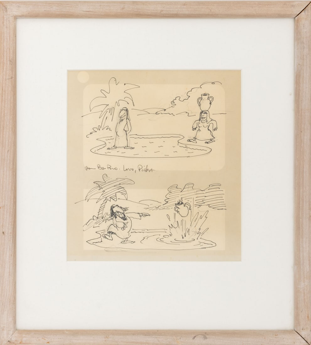 Picha Jesus Walking on Water Comic Strip Ink: Picha (Jean-Paul Walravens, Belgian, b. 1942), Jesus Walking on Water Comic Strip Scenes, Ink on Paper, inscribed and signed "Love, Picha" center left, wood frame. Image: 8" H x 6.5" W; frame: 15" H x