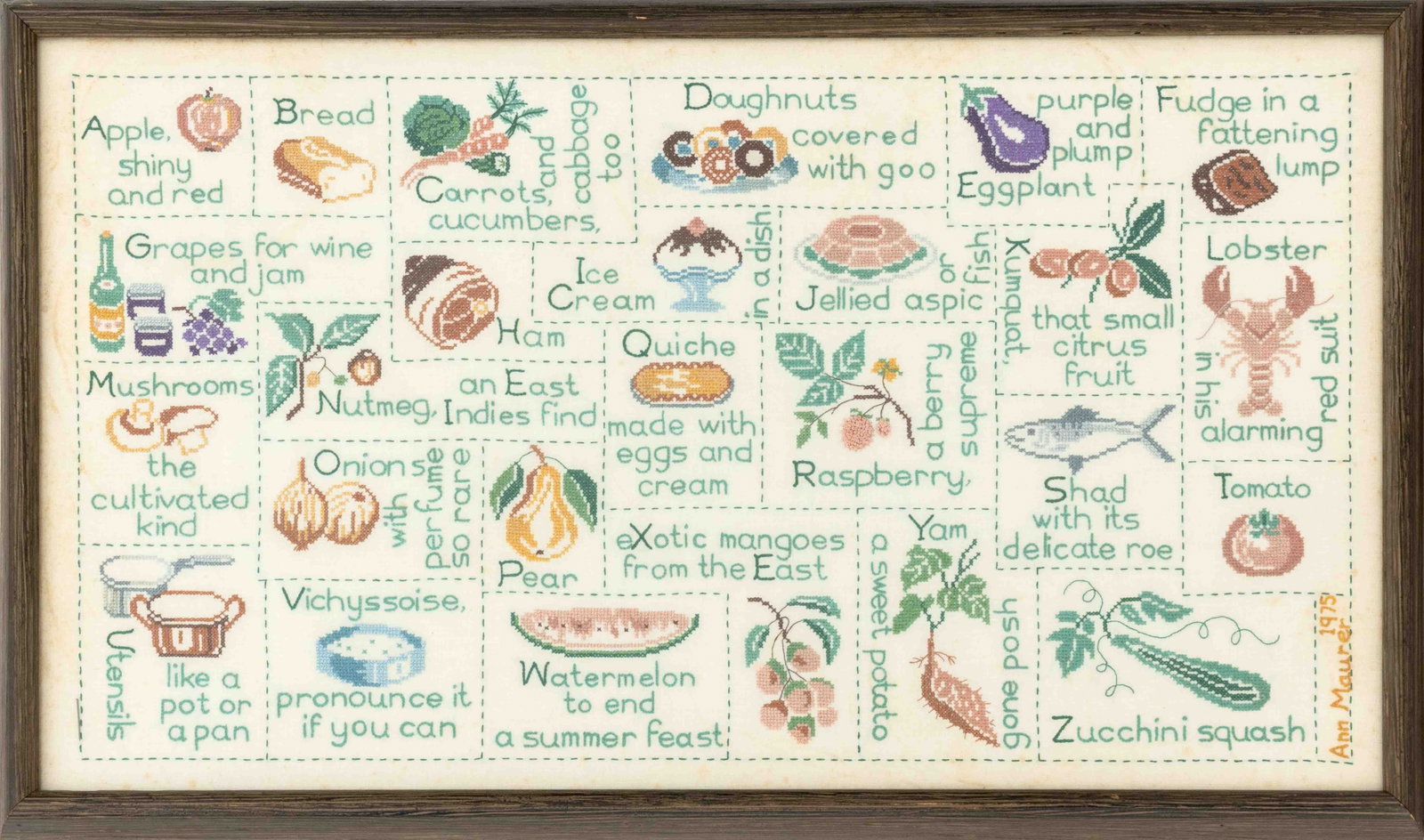 Ann Mauer Embroidered Food Alphabet Sampler, 1975: Ann Mauer (XX-XXI), Embroidered Food Alphabet Sampler, 1975, signed and dated lower right, wood frame. Image: 17.75" H x 31.75" W; frame: 20" H x 34" W x 1.25" D. Provenance: The Estate of Gilbert C. 