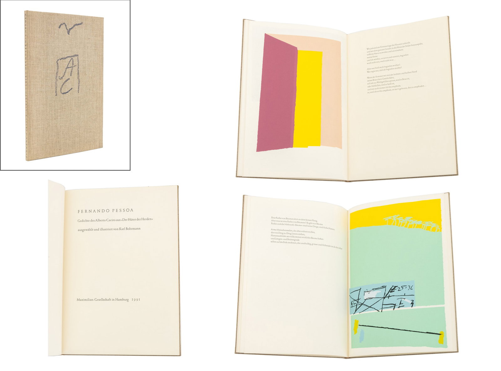 Karl Bohrmann Signed "Gedichte des Alberto Caeiro": Pessoa, Fernando, "Gedichte des Alberto Caeiro aus Der Huter der Herden", Hamburg: Maximilian-Gesellschaft, 1991, selected and illustrated by Karl Bohrmann, one of 1300 copies, signed by illustrator o