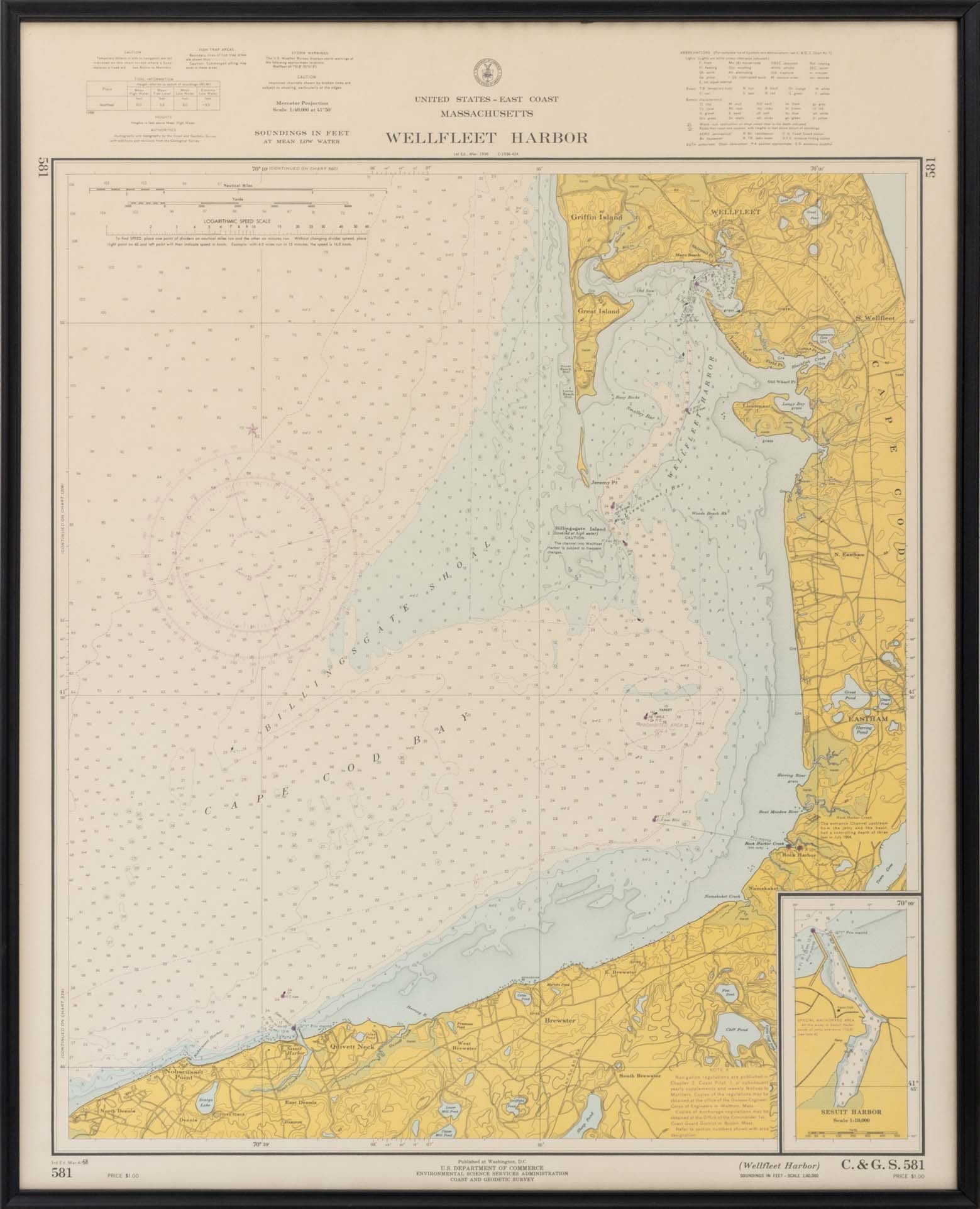 "Wellfleet Harbor" Coastal Map, 1968: "United States - East Coast Massachusetts Wellfleet Harbor", 1968, wood frame. Image: 23.75" L x 22.75" W; frame: 29.5" L x 24" W x 0.5" D. Provenance: From a Connecticut Estate. Keywords: Prints, Mul