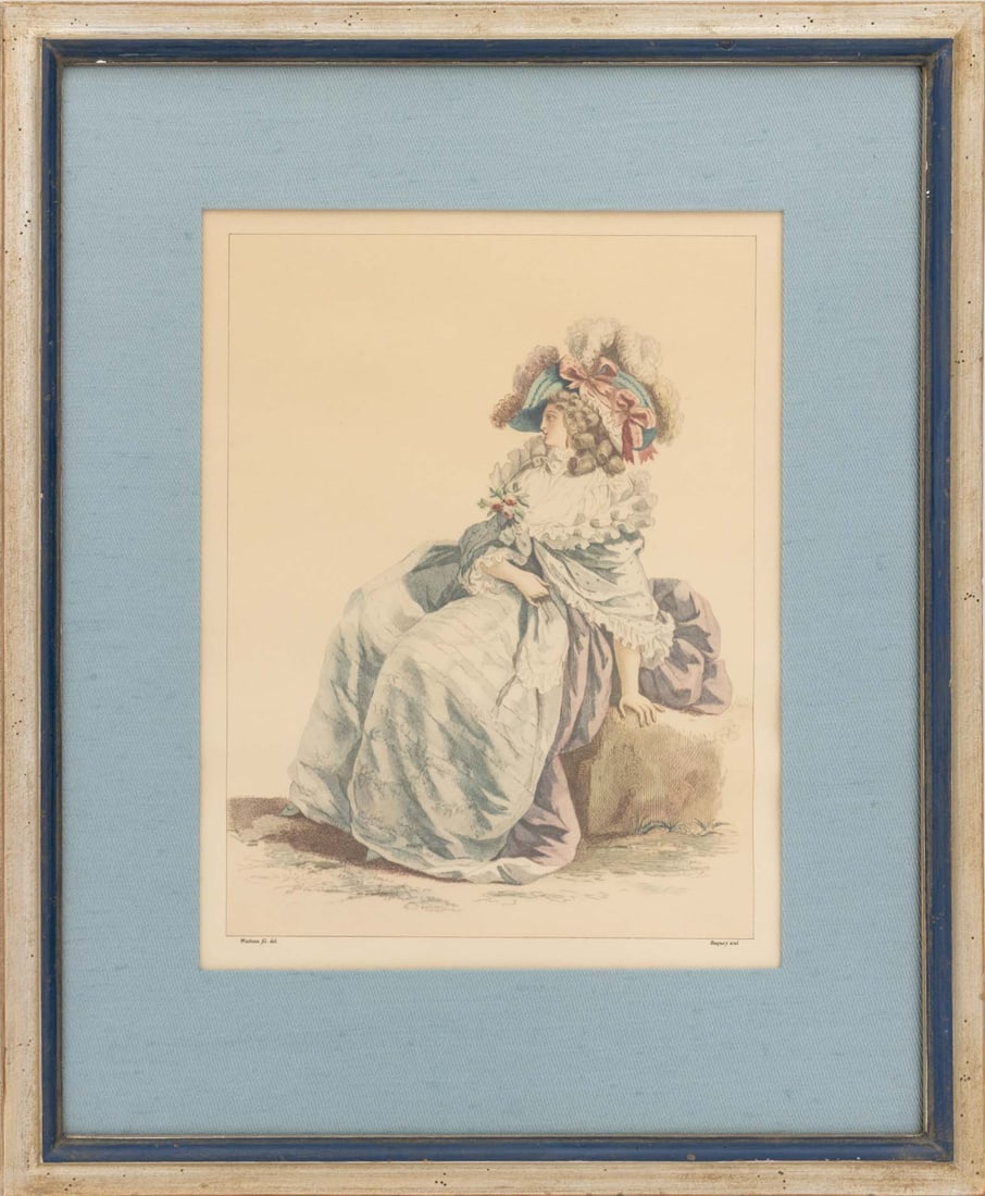After Antoine Watteau Hand-Colored Engraving: After Antoine Watteau (French, 1684-1721), French Rococo Woman, Hand-Colored Engraving, painted wood frame. Image: 12.75" L x 9.75" W; frame: 20.25" L x 16.75" x 1" D. Provenance: From a Connecticut E
