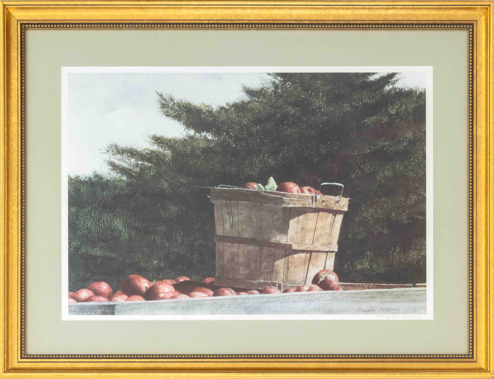 Doug Brega Basket of Apples Offset Lithograph: Doug Brega (American, b. 1948), Basket of Apples, Offset Lithograph, 1998, signed in pencil lower right, giltwood frame. Image: 20" H x 29 W; frame: 29" H x 39" W x 1.5" D. Provenance: The Estate of G