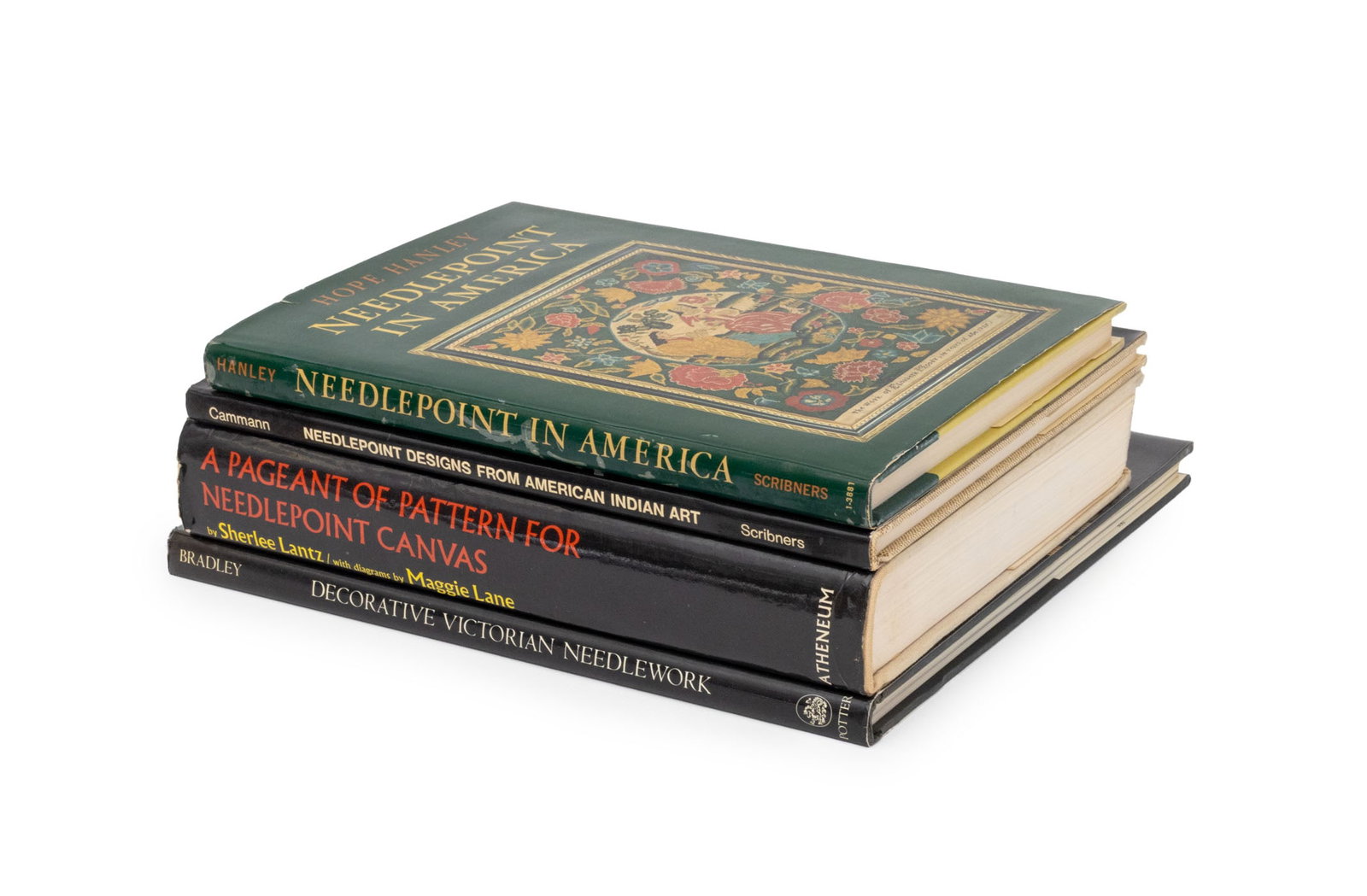 Books on Needlepoint History and Design, 4: Collection of Four Books on Needlepoint History and Design, comprising: "Needlepoint Designs from American Indian Art", Cammann, Nora, "Needlepoint in America", Hanley, Hope, "Decorative Victorian Nee