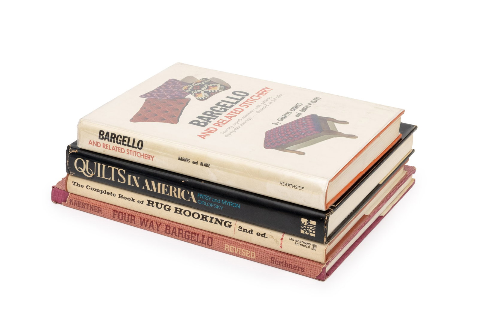 Books on Embroidery and Other Fiber Arts, 4: Collection of Four Books on Embroidery and Other Fiber Arts, comprising: "Bargello and Related Stitchery", Barnes, Charles and David P. Blake, "The Complete Book of Rug Hooking", Zarbock, Barbara J., 
