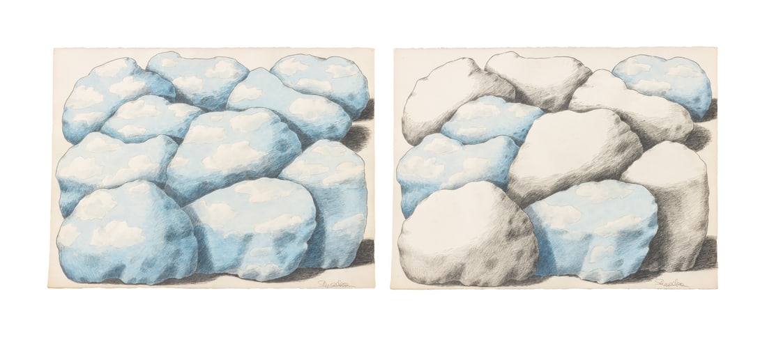 Elfi Schuselka Sky Stone Variations Mixed Media, 2: Elfi Schuselka (Austrian, b. 1940), Two Sky Stone Variations, Graphite and Watercolor on Paper, one with all the stones with a sky watercolor, signed lower right, printed name verso, unframed. Each ap