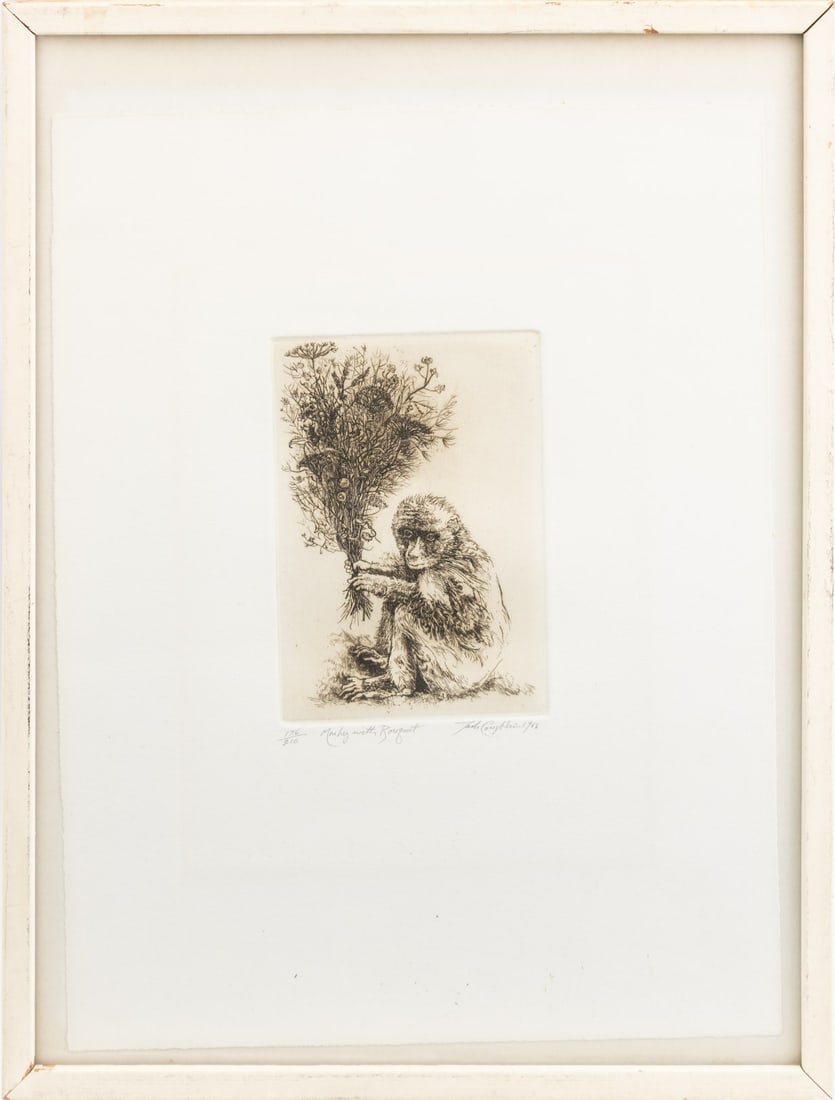 Jack Coughlin "Monkey with Bouquet" Etching, 1968: Jack Coughlin (American, b. 1932), "Monkey with Bouquet", Etching, 1968, signed and dated in pencil lower right, titled lower center, and numbered edition "176/210" lower left, white painted wood fram