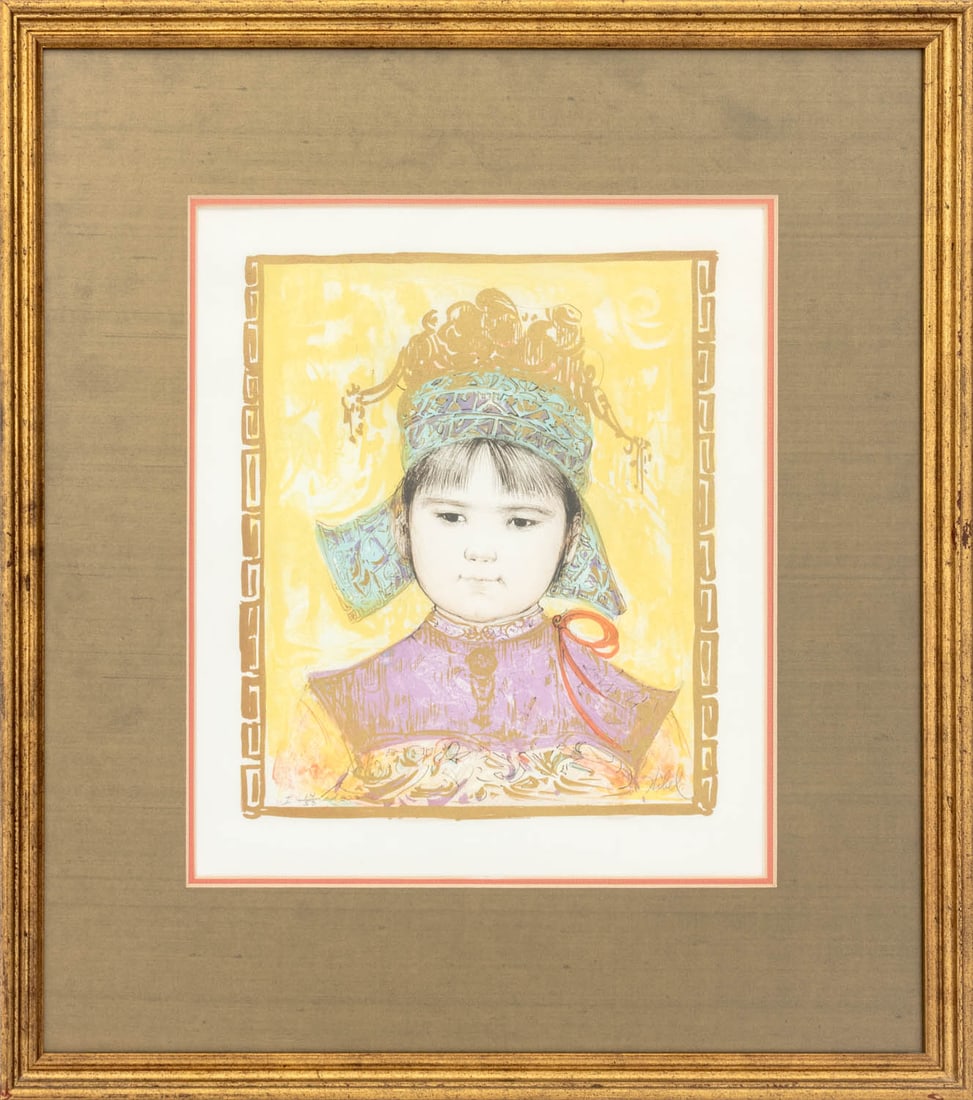 Edna Hibel Little Empress Lithograph: Edna Hibel (American, 1917-2014), Little Empress, Lithograph in Colors, signed in pencil, numbered edition "14/53" lower right, giltwood frame. Image: 15.25" H x 13" W; frame: 25" H x 22.25" W x 1" D.