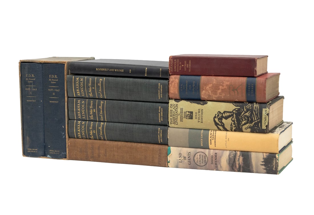 Books on United States History, 12: Collection of 12 Books on United States History, comprising: "FDR His Personal Letters", ed.: Roosevelt, Elliot, two volumes in a slipcase, "Roosevelt and Wilkie", Moscow, Warren, "Abraham Lincoln The