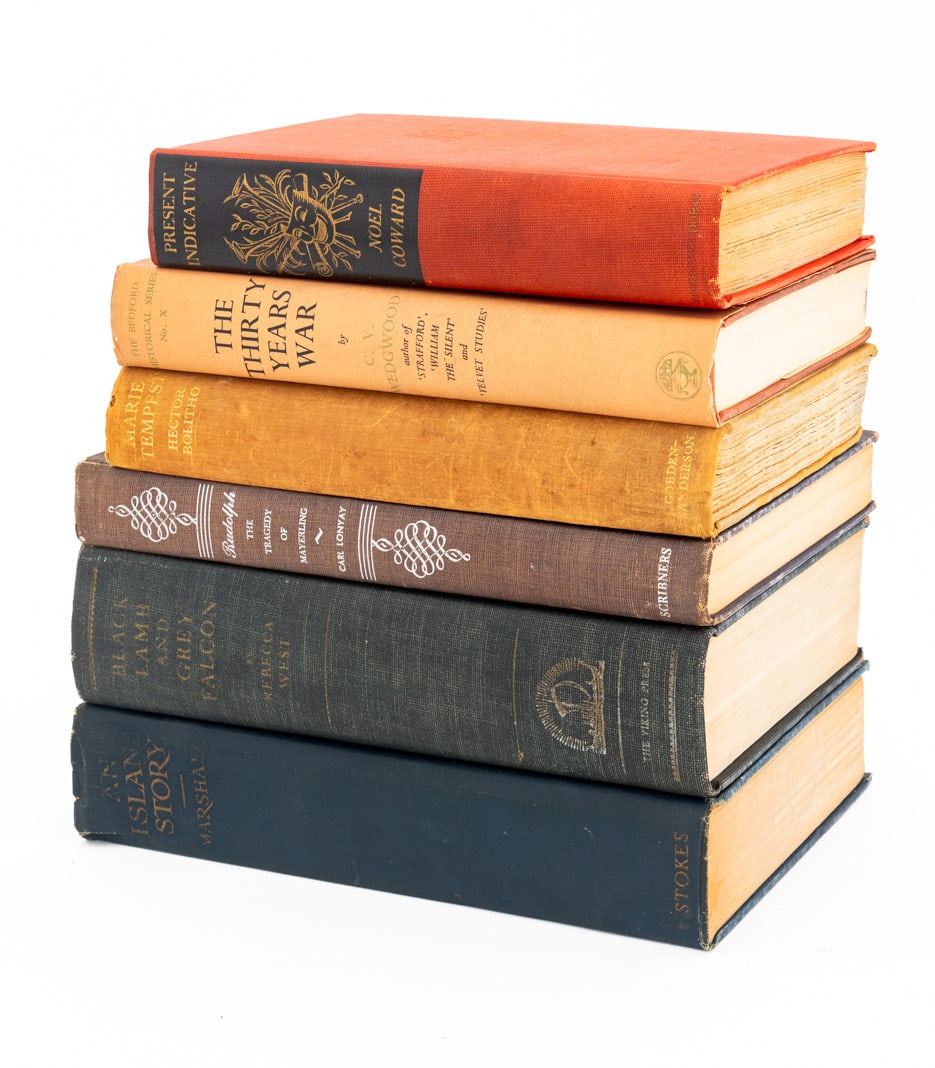 Books on English and European History, 6: Collection of Six Books on English and European History, comprising: "Present Indicative", Coward, Noel, Garden City & New York: Doubleday, Doran and Company, Inc., 1937, "The Thirty Years War", Wedgw