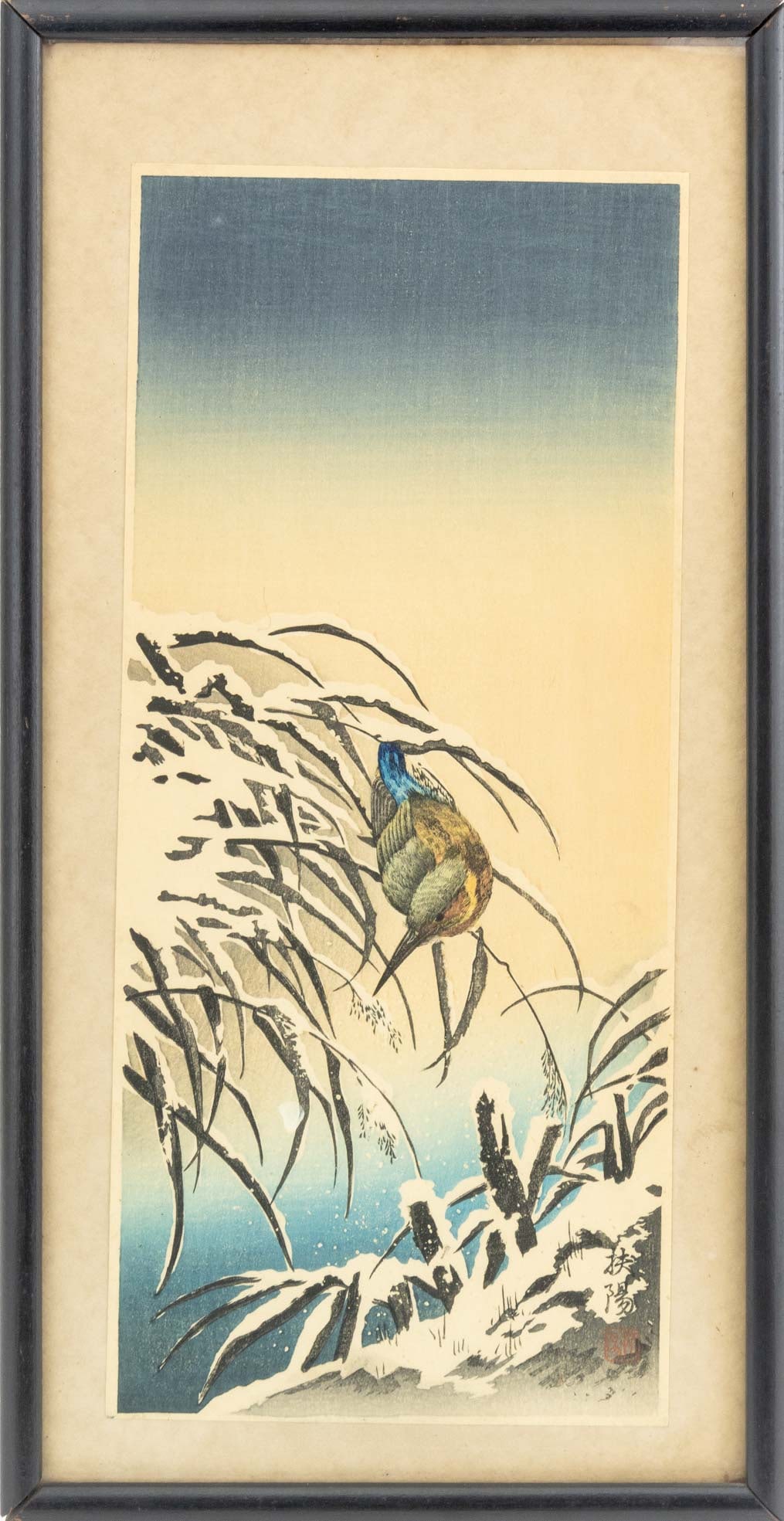 Narazaki Eisho Kingfisher on Snowy Reeds Woodblock (1 of 7)