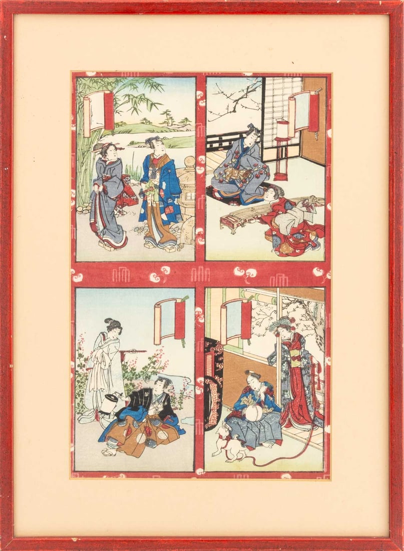 Meiji Period Women's Etiquette Scenes Woodblock: Meiji Period, Women's Etiquette Scenes, Woodblock Print in Colors, four figural scenes within red borders, red painted wood frame. Image: 13.75" H x 9" W; frame: 18.75" H x 13.75" W x 0.5" D. Provenan