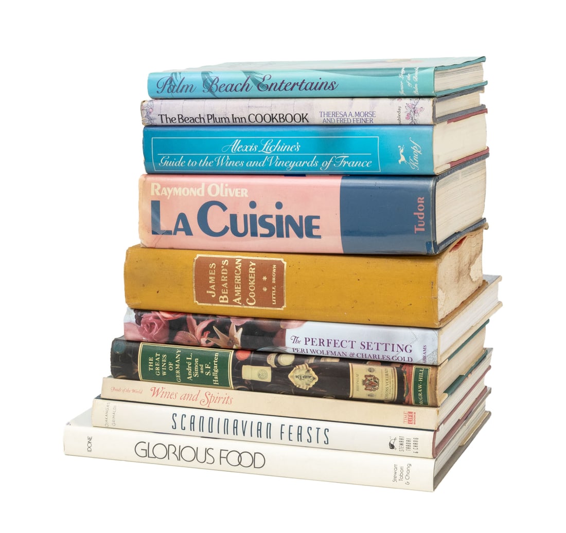 Books on Food and Wine, 10: Collection of Ten Books on Food and Wine, comprising: "The Perfect Setting", Wolfman, Peri and Charles Gold, "Glorious Food", Idone, Christopher, "Palm Beach Entertains", Junior League of the Palm Bea