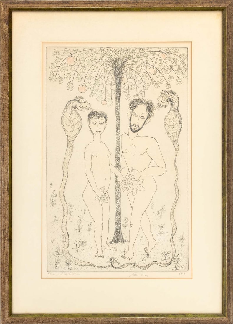 Gabor Peterdi "Adam & Eve" Etching: Gabor Peterdi (Hungarian/American, 1915-2001), "Adam and Eve", Etching in Colors, marked Artist's Proof edition "Epreuve d'artiste" lower left, signed in pencil lower center, and inscribed "54B" lower