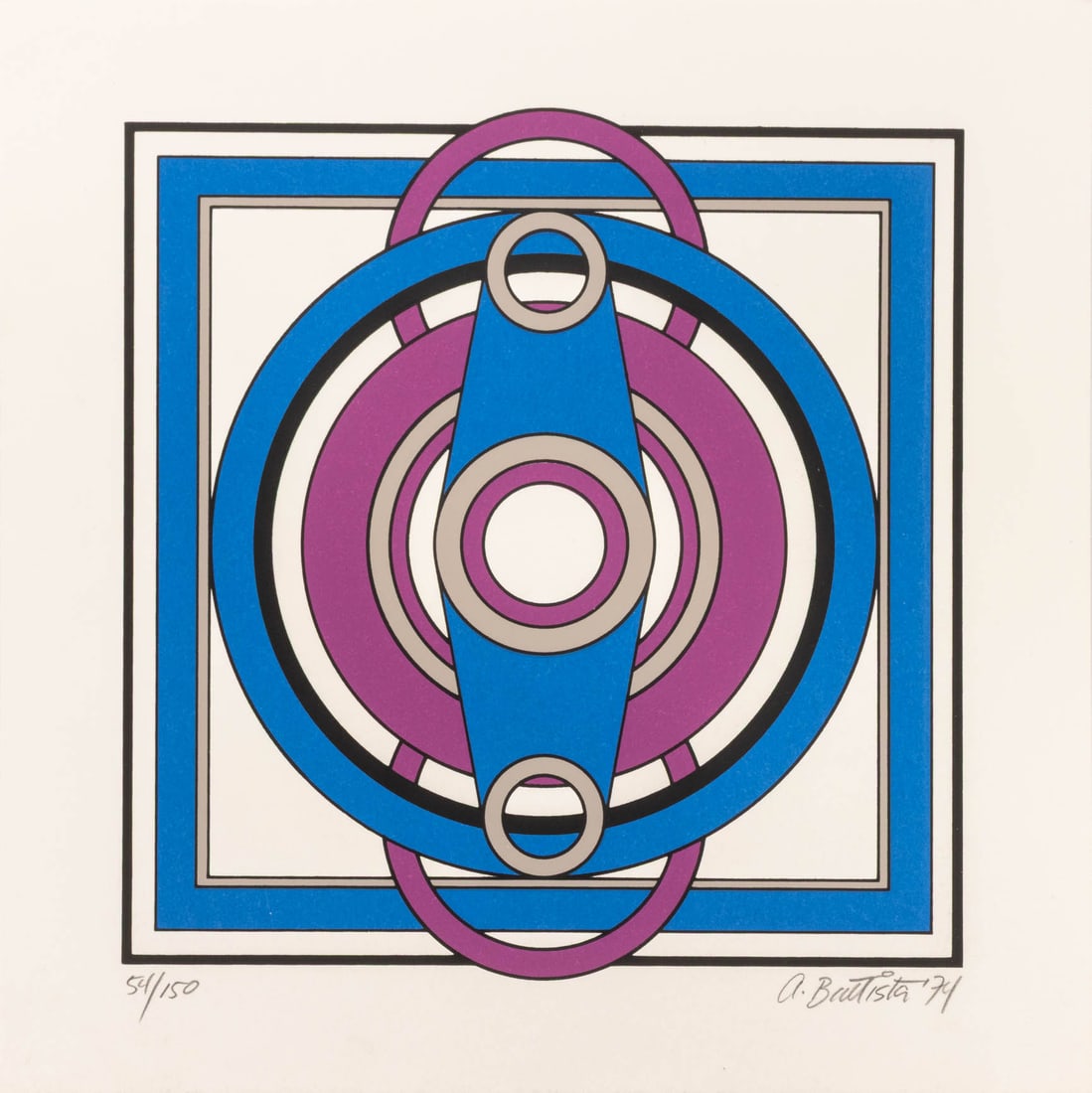 A. Bautista Geometric Lithograph, 1974: A. Bautista (XX), Geometric Compostion, Lithograph in Colors, 1974, signed and dated in pencil lower right, numbered edition "54/150" lower left, unframed. Image: 9.5" L x 9.25" W; sheet: 12" L x 12"