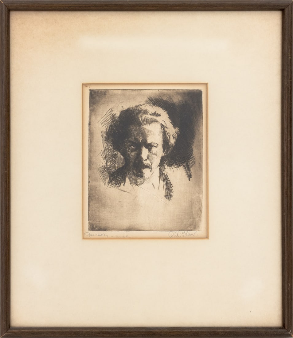 Illegibly Signed "Paderewski" Etching, 1939: 20th Century School, "Paderewski", Etching, 1939, depicting a portrait of Ignancy Jan Paderewski (Polish, 1860-1941), the composer, musician, and Prime Minister of Poland, illegibly signed "R.A.