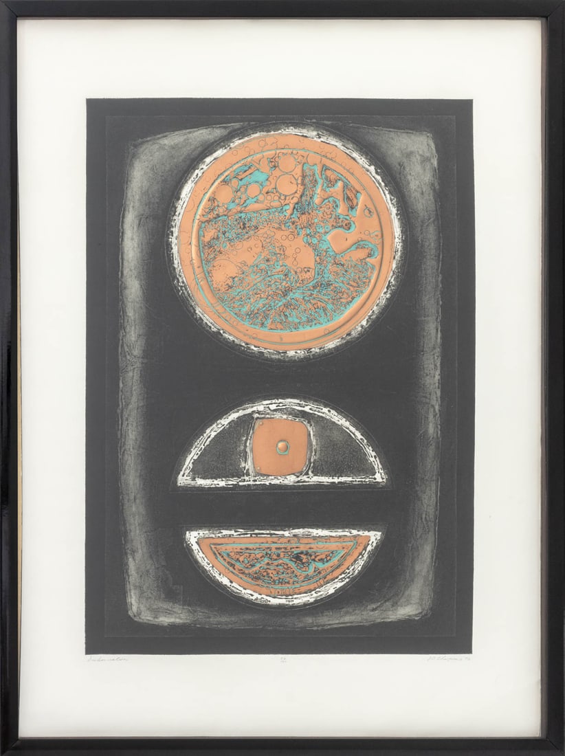 J.B. Thompson "Inkarnation" Lithograph, 1973: J. B. Thompson (XX), "Inkarnation", Lithograph with Copper Elements, 1973, signed in pencil and dated lower right, numbered edition "59/100" lower center, and titled lower left, black frame. Image: 29