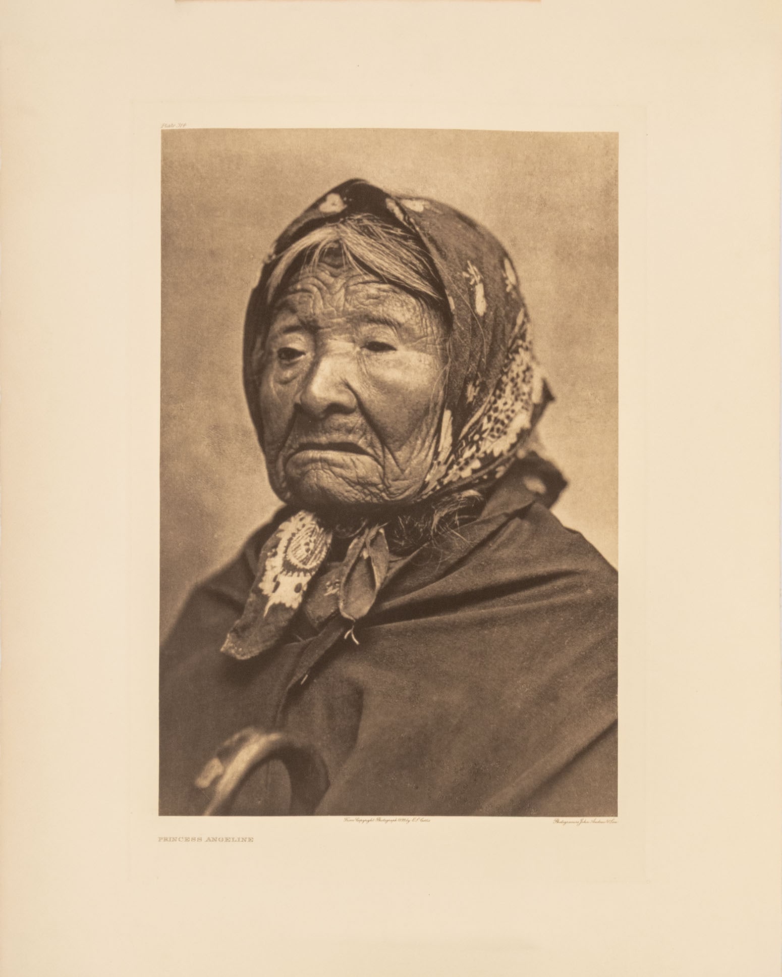 Edward S. Curtis "Princess Angeline", 1899: Edward Sheriff Curtis (American, 1868-1952), "Princess Angeline", Photogravure, 1899, unframed. Image: 17" L x 11.5"; sheet: 21.75" L x 17.5" W. Provenance: From a New York City Collection. Keywords: 