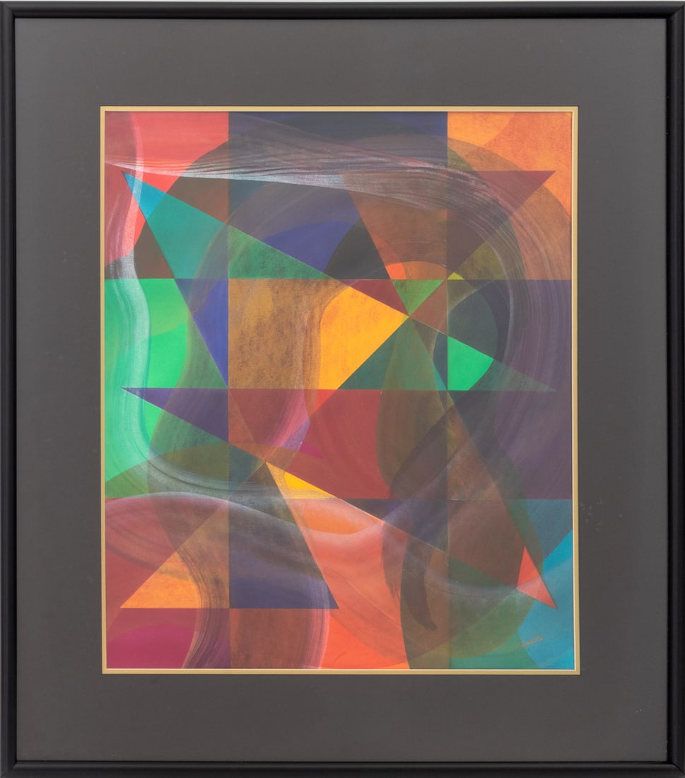 Charles Searles Abstract Composition Screenprint: Charles Robert Searles (American, 1937-2004), Abstract Composition, Screenprint in Colors, signed lower right, black frame. Image: 25" H x 21" W; frame: 35.5" W x 31.25" W x 1" D. Provenance: From a W